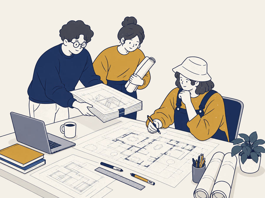 Illustration: two team members hand a finished drawing set to the client's architect, who reviews it at his drafting table with a red pen.