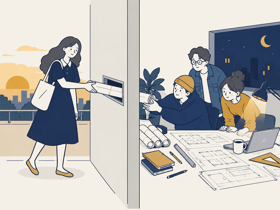 Illustration: at the end of her day a client drops a rolled drawing set through a slot in the wall, where three of our team, working at night, reach for it.