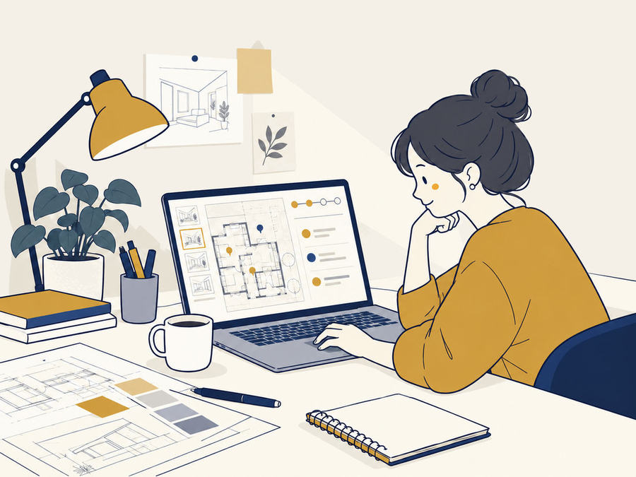 Illustration: a client reviews her drawings in the portal over morning coffee, with comment pins and a progress track on screen.