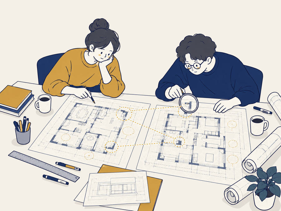 Illustration: two QC team members compare two drawing sheets, one with a magnifying glass, a red dashed line linking matching details.